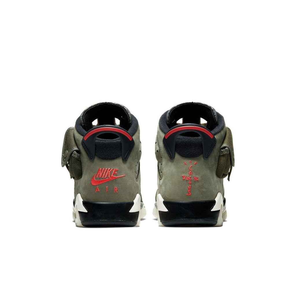 Back view of Travis Scott x Air Jordan 6 Retro 'Olive' showcasing Nike Air branding and unique pocket detail.