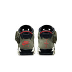 Back view of Travis Scott x Air Jordan 6 Retro 'Olive' showcasing Nike Air branding and unique pocket detail.