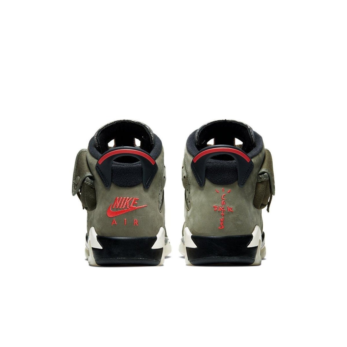 Back view of Travis Scott x Air Jordan 6 Retro 'Olive' showcasing Nike Air branding and unique pocket detail.