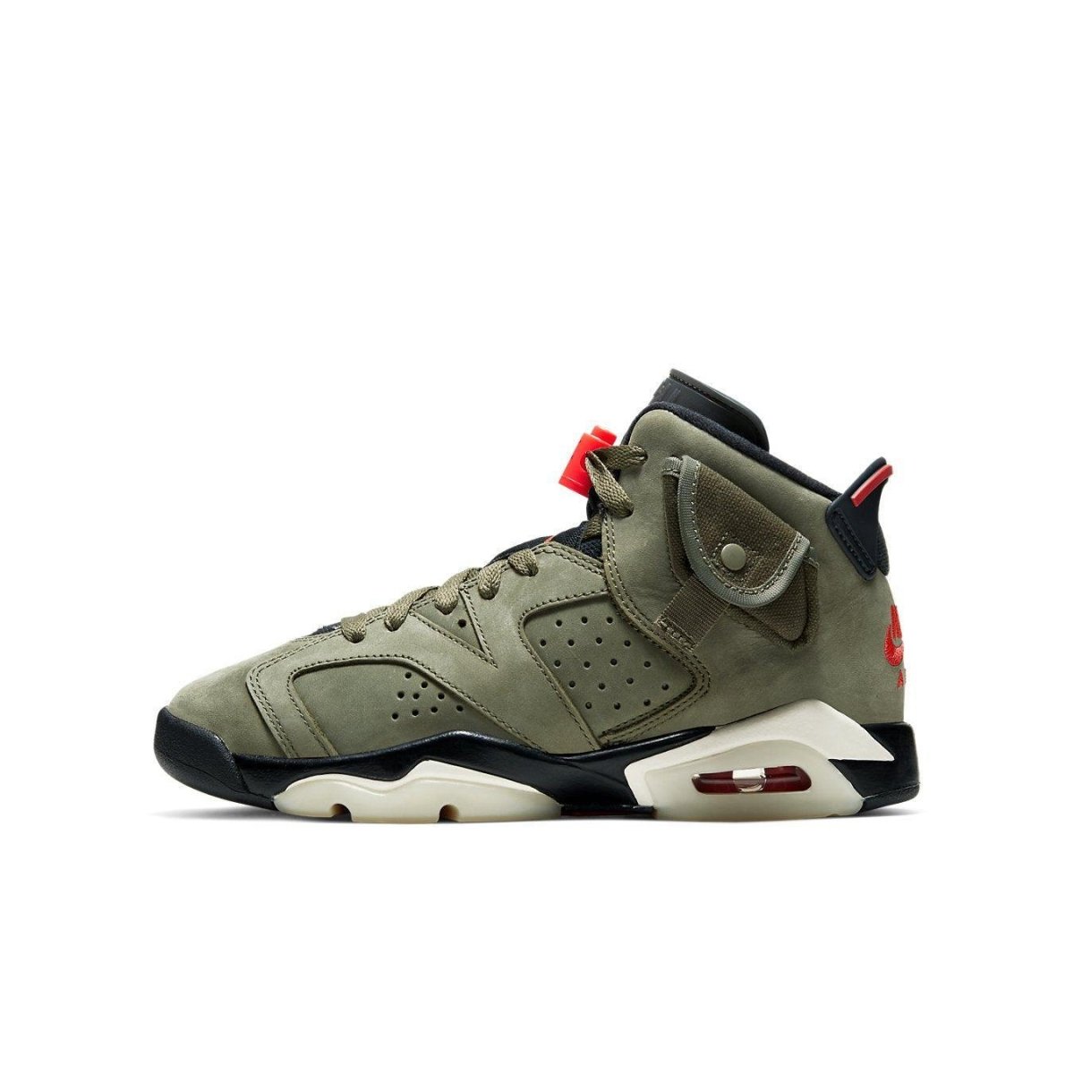 Travis Scott x Air Jordan 6 Retro 'Olive' sneaker in medium olive with black and red accents, featuring a unique collar pocket.