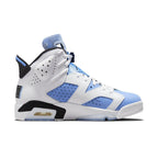 Air Jordan 6 Retro UNC White sneakers featuring University Blue and classic white leather design.