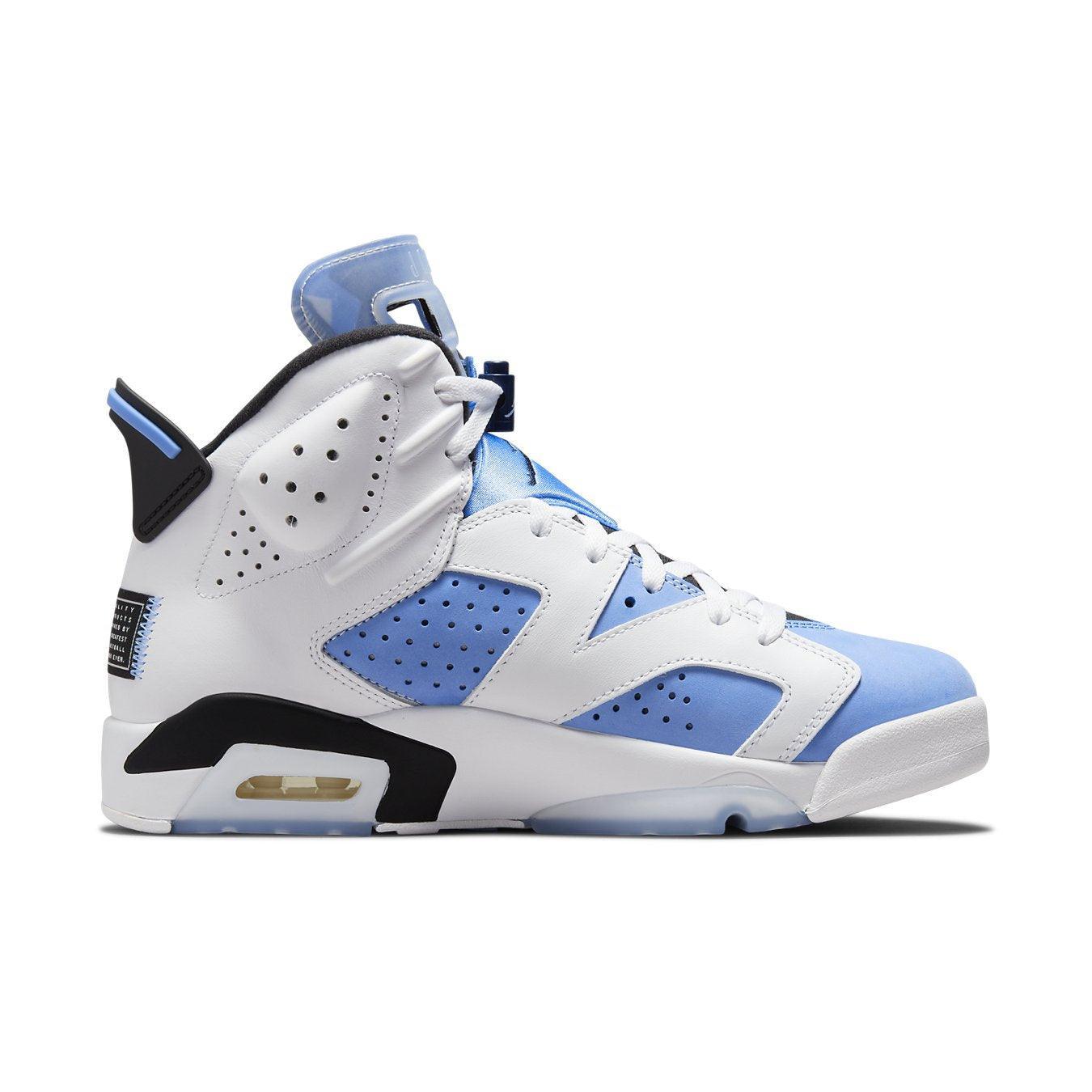 Air Jordan 6 Retro UNC White sneakers featuring University Blue and classic white leather design.