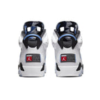 Jordan 6 Retro UNC White sneaker rear view featuring white leather and University Blue accents.