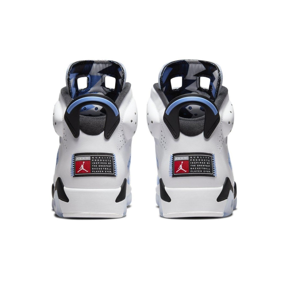 Jordan 6 Retro UNC White sneaker rear view featuring white leather and University Blue accents.