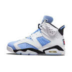 Air Jordan 6 Retro UNC White sneakers featuring a white leather upper and University Blue nubuck layers.