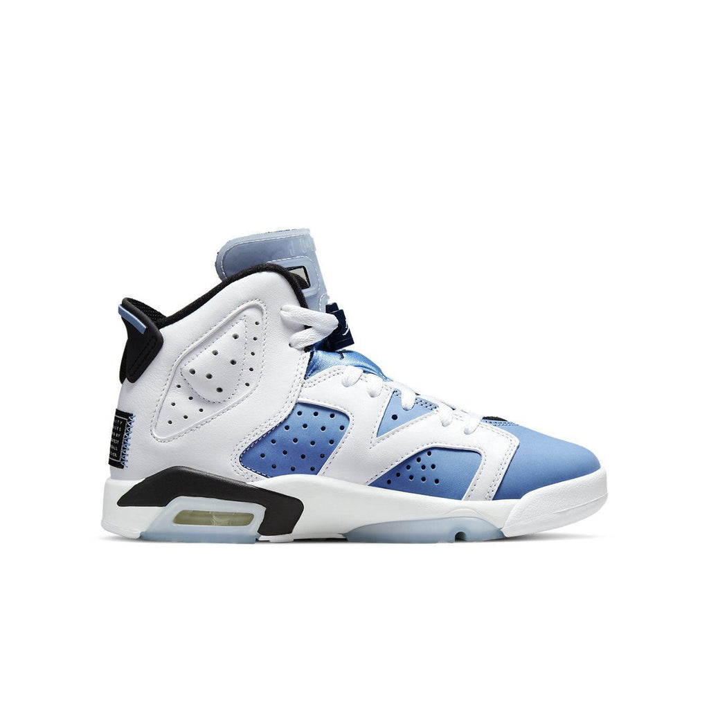 Jordan 6 Retro UNC White (GS) sneaker in white and blue, featuring classic design and Air-sole cushioning.
