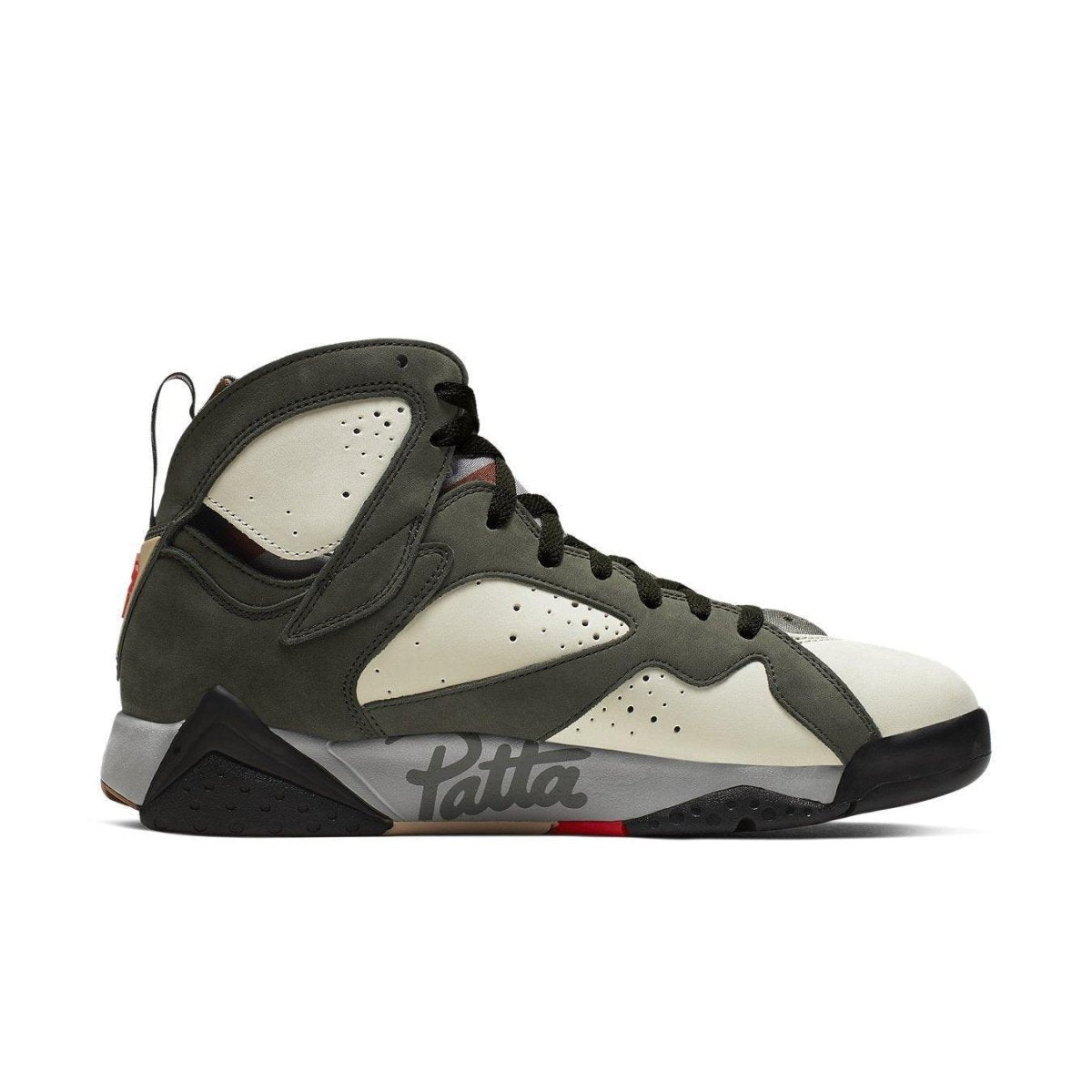 La Patta x Air Jordan 7 Icicle sneaker in olive green and cream colorway, showcasing unique design collaboration.