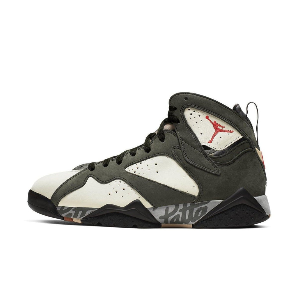 Air Jordan 7 Retro Patta Icicle sneaker in olive green and cream colorway with signature branding.