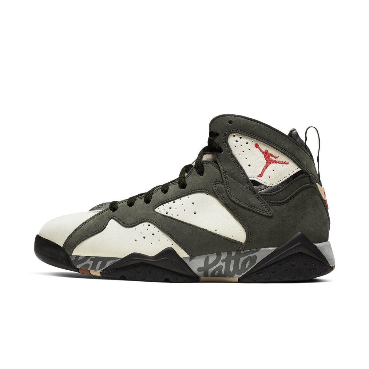 Air Jordan 7 Retro Patta Icicle sneaker in olive green and cream colorway with signature branding.