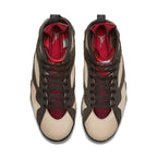 Top view of the Jordan 7 Retro Patta Shimmer sneakers featuring earth tones and premium leather.