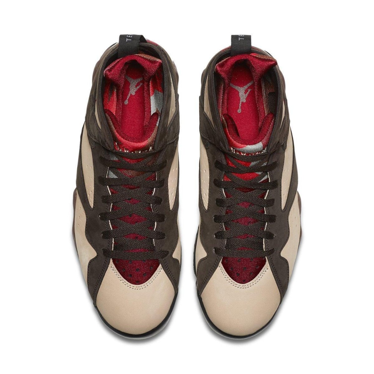 Top view of the Jordan 7 Retro Patta Shimmer sneakers featuring earth tones and premium leather.