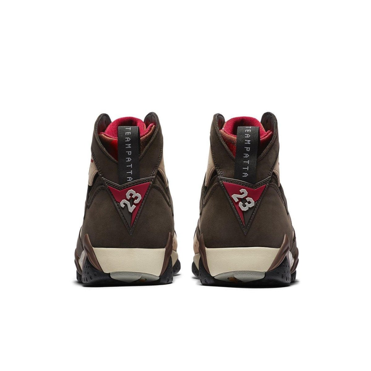 Back view of Jordan 7 Retro Patta Shimmer sneakers featuring earthy tones and unique detailing.