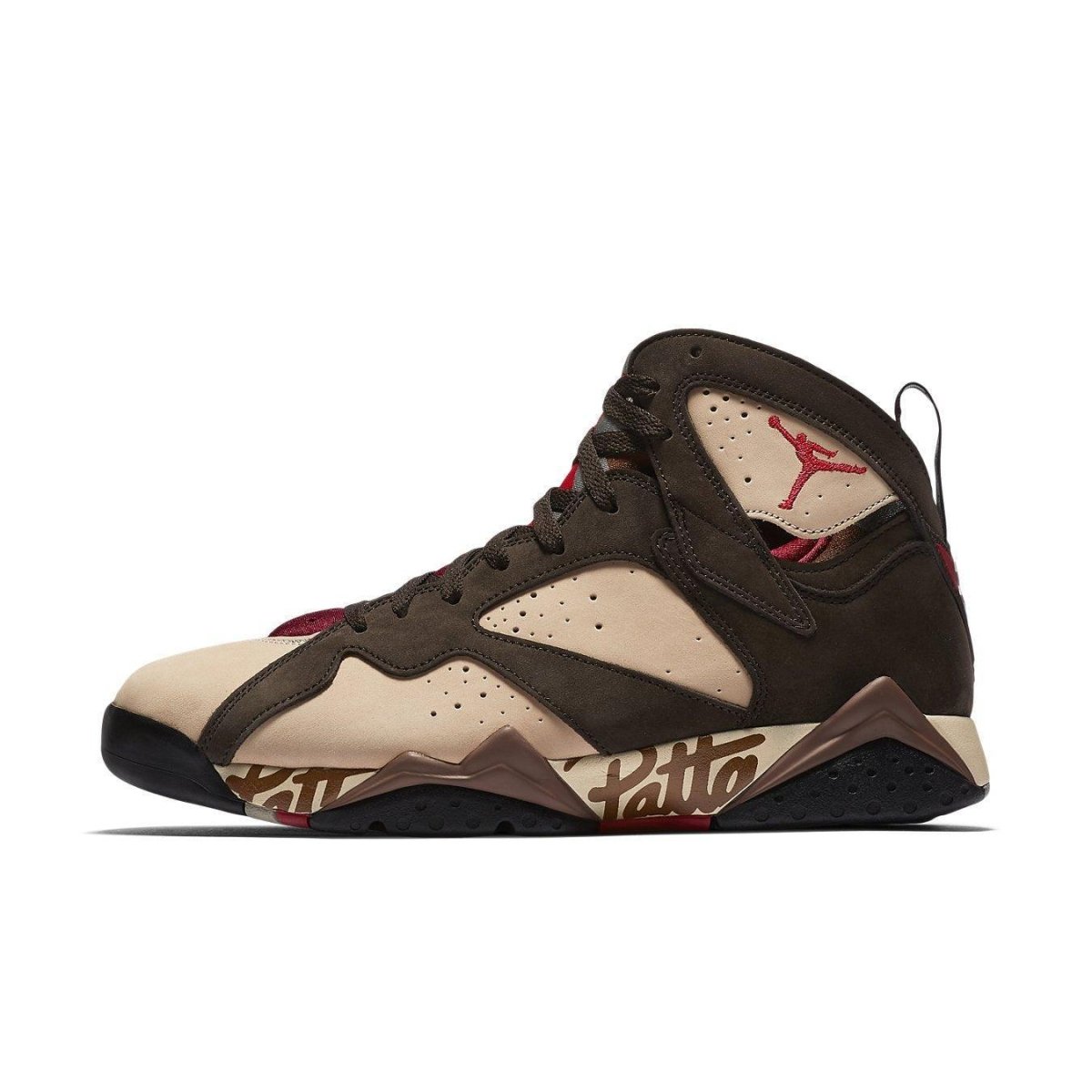 Side view of the Jordan 7 Retro Patta Shimmer sneaker featuring earth tones and unique branding.