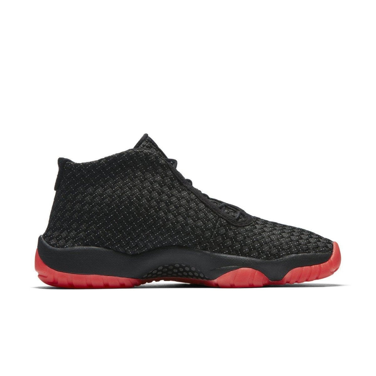 Jordan Future Premium Black Infrared 23 sneakers featuring black upper, translucent red sole, and carbon fiber plate.