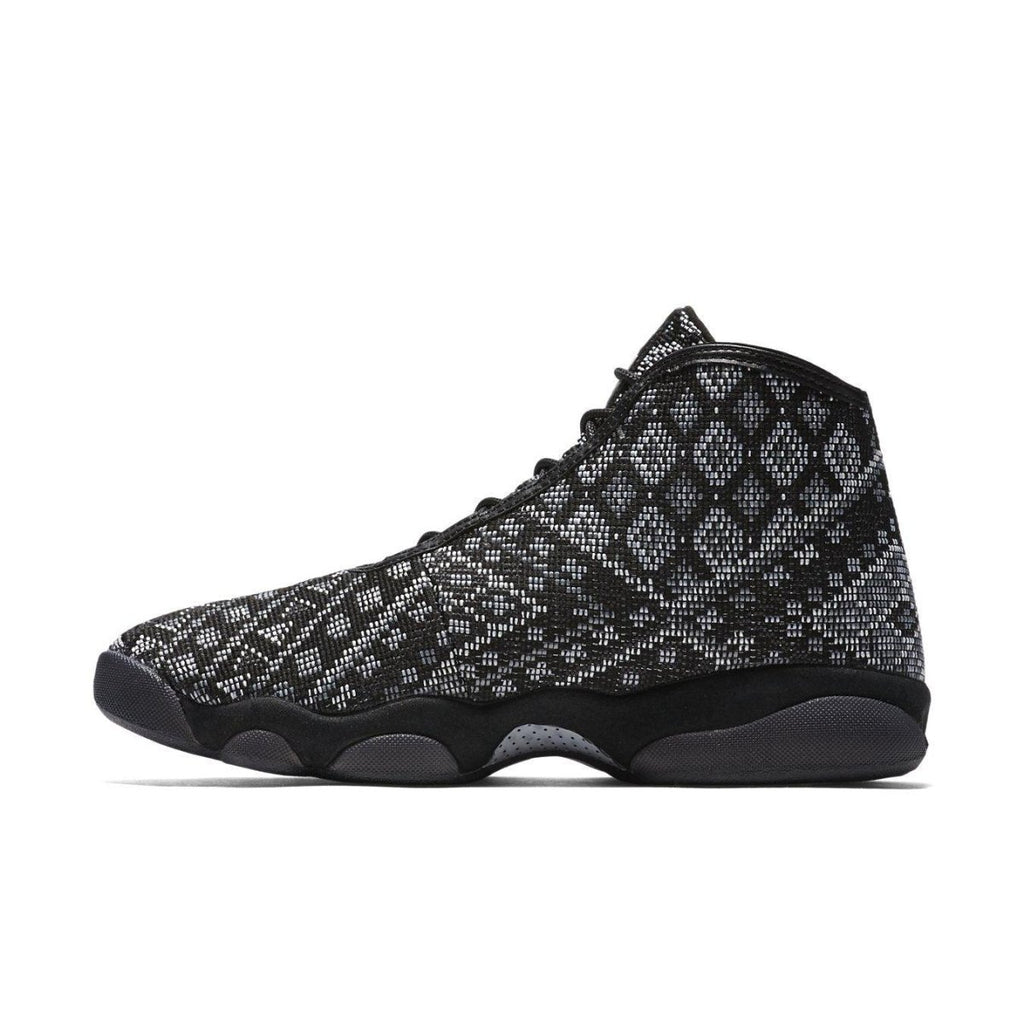 Jordan Horizon PSNY sneaker featuring black mesh upper with white geometric patterns and black sole.
