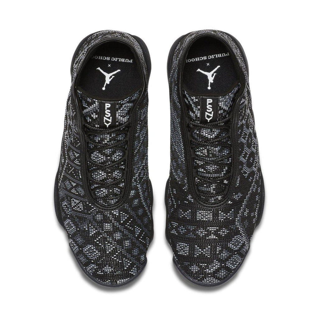 Air Jordan Horizon PSNY sneakers featuring black mesh upper with geometric white patterns and PSNY branding.