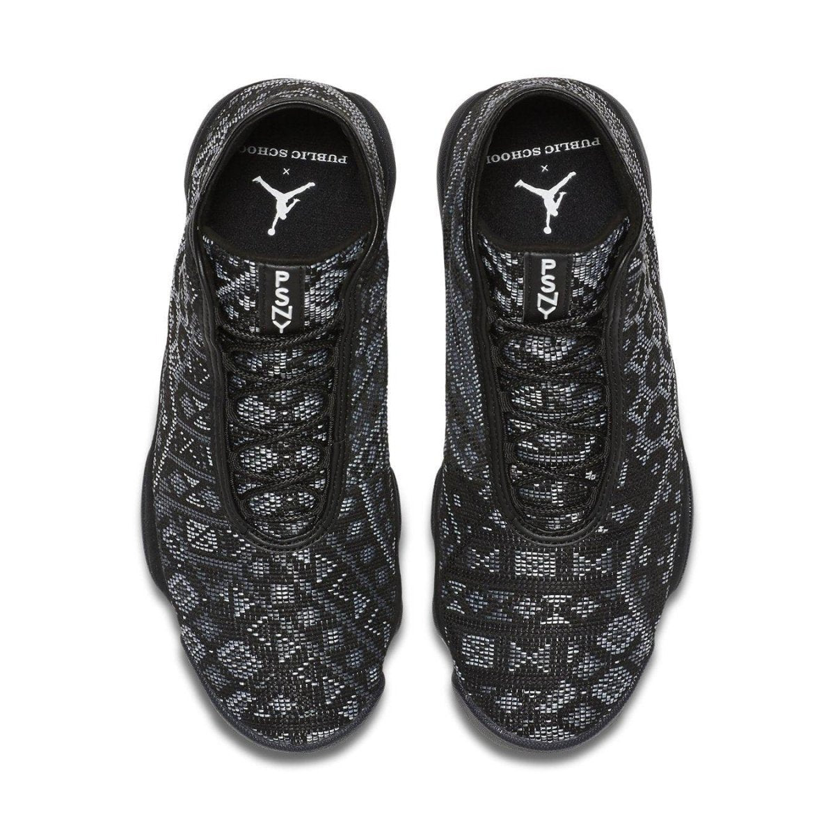 Air Jordan Horizon PSNY sneakers featuring black mesh upper with geometric white patterns and PSNY branding.