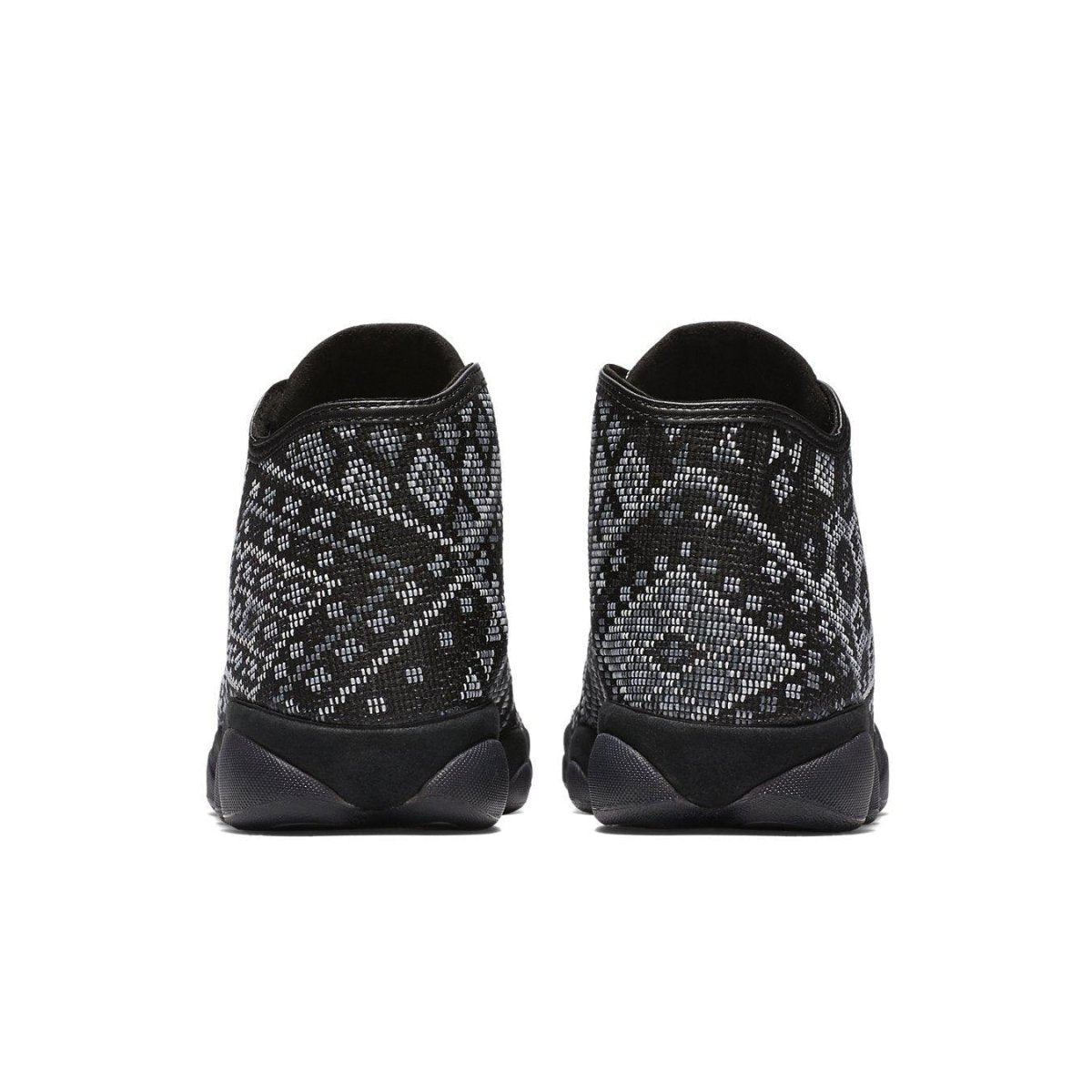 Rear view of Air Jordan Horizon PSNY showcasing unique black mesh upper with geometric patterns.