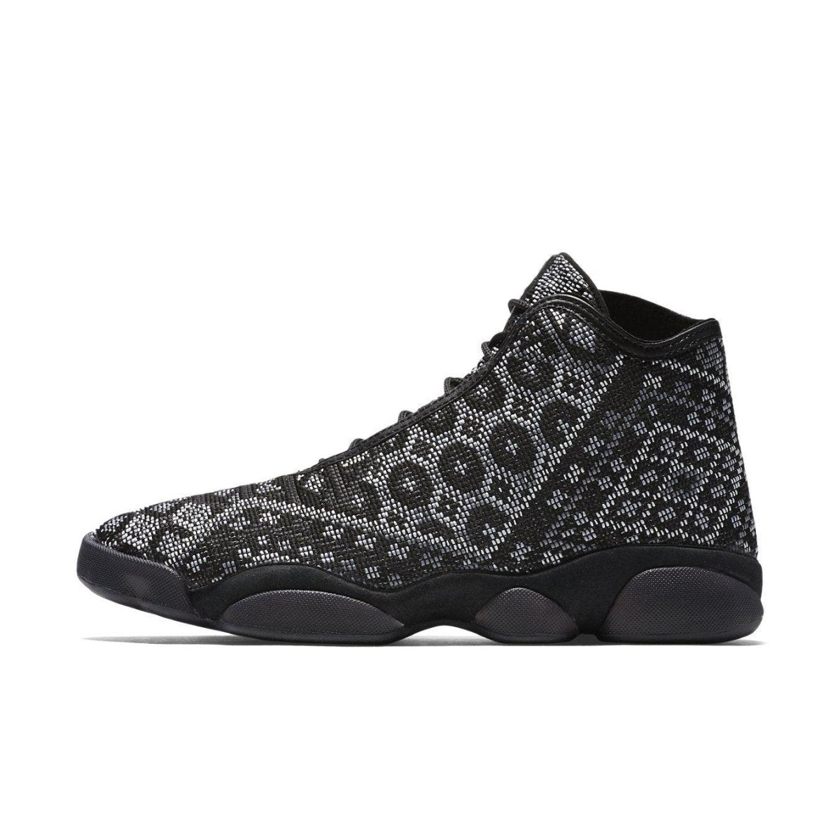 Air Jordan Horizon PSNY sneaker in black mesh with geometric white patterns and black sole.
