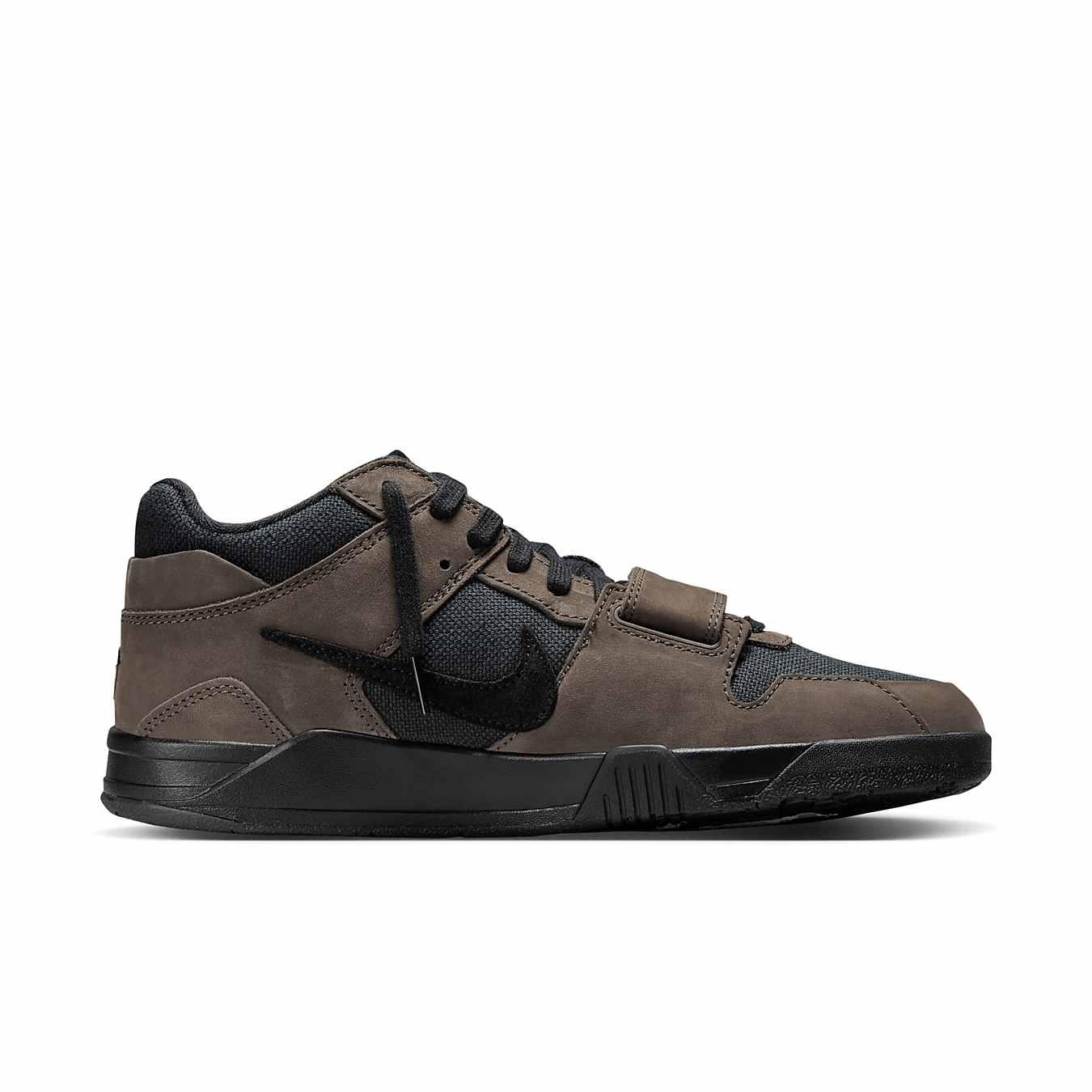 Jordan Jumpman Jack TR Travis Scott Dark Mocha sneakers with black and brown suede, featuring a reverse Swoosh design.