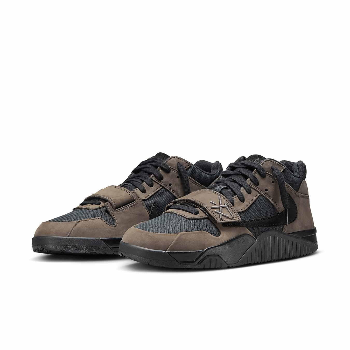 Jordan Jumpman Jack TR Travis Scott Dark Mocha shoes featuring earthy tones and breathable black canvas with brown nubuck overlays.