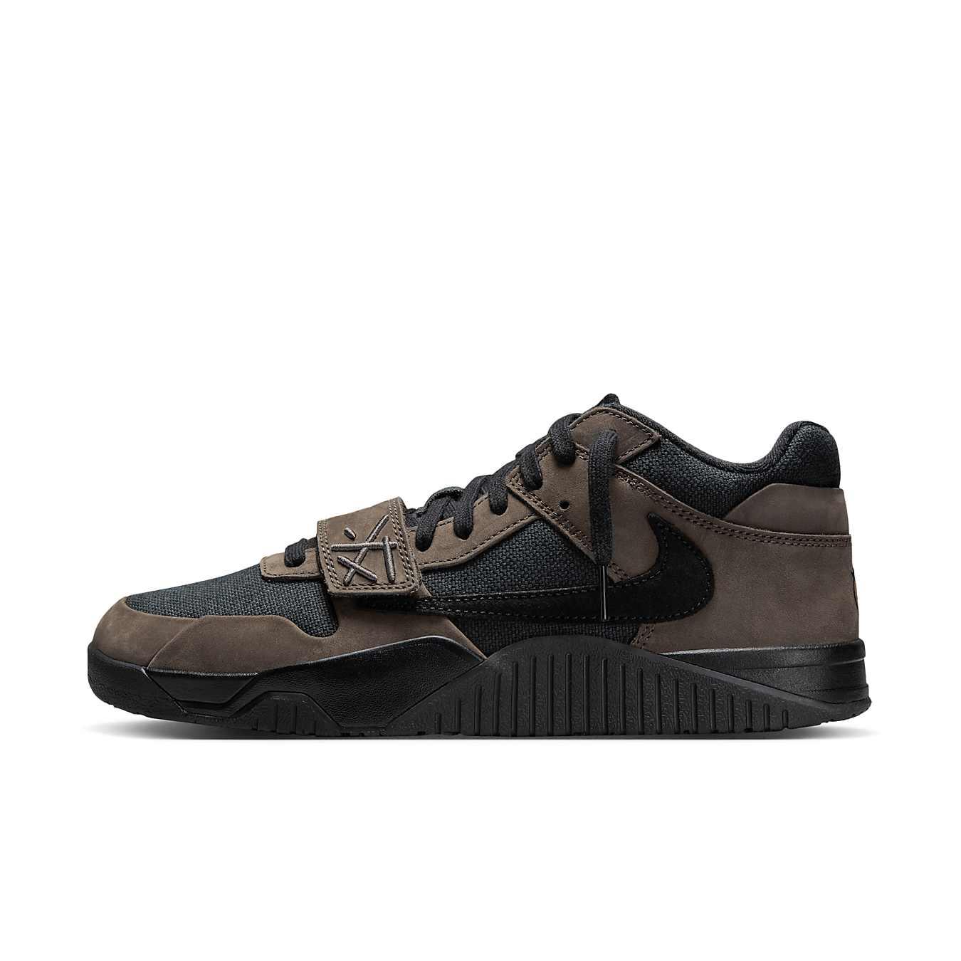 Jordan Jumpman Jack TR Travis Scott Dark Mocha sneaker featuring a combination of black textile and brown nubuck.