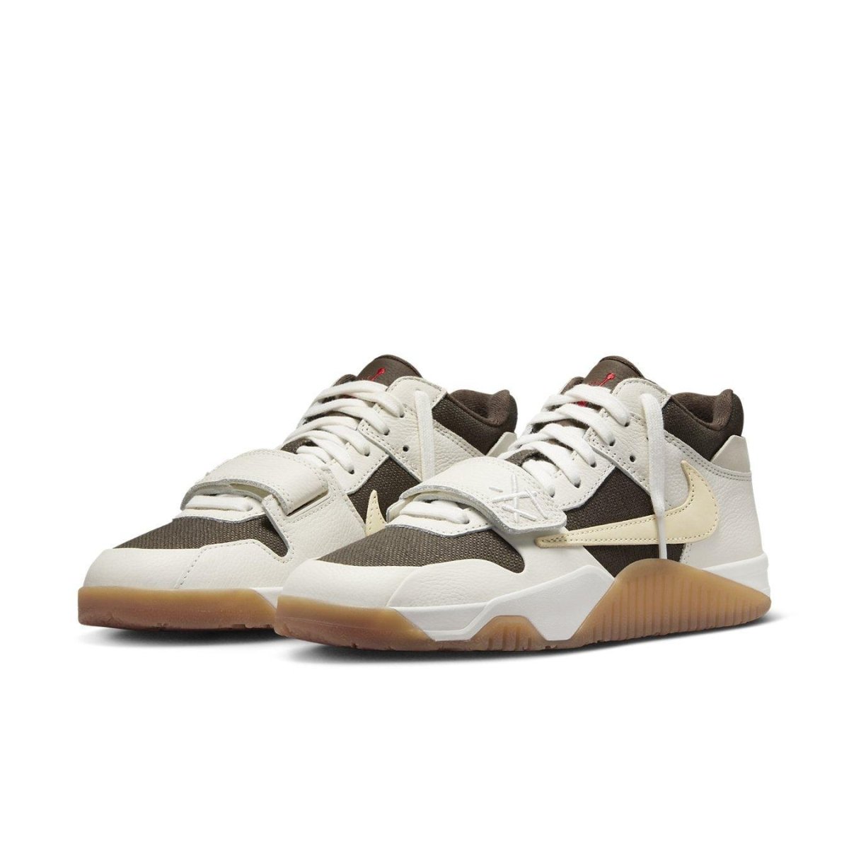 Jordan Jumpman Jack TR Travis Scott 'Sail' sneakers in neutral tones with brown accents and adjustable strap.