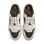 Top view of Jordan Jumpman Jack TR Travis Scott 'Sail' sneakers featuring a brown and ivory design.