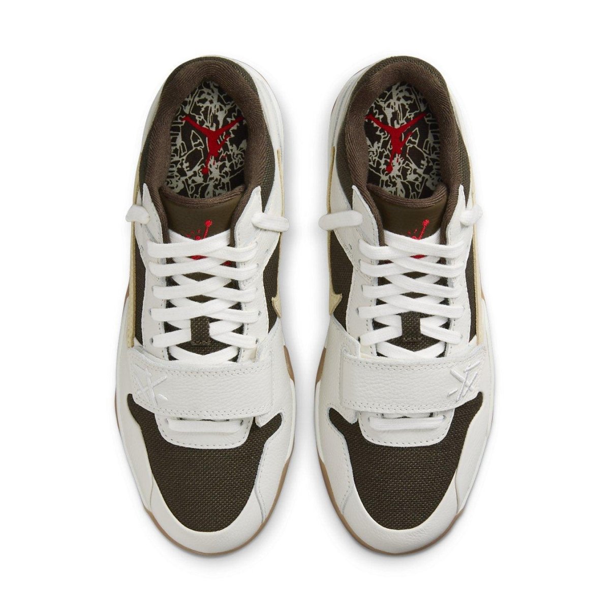 Top view of Jordan Jumpman Jack TR Travis Scott 'Sail' sneakers featuring a brown and ivory design.