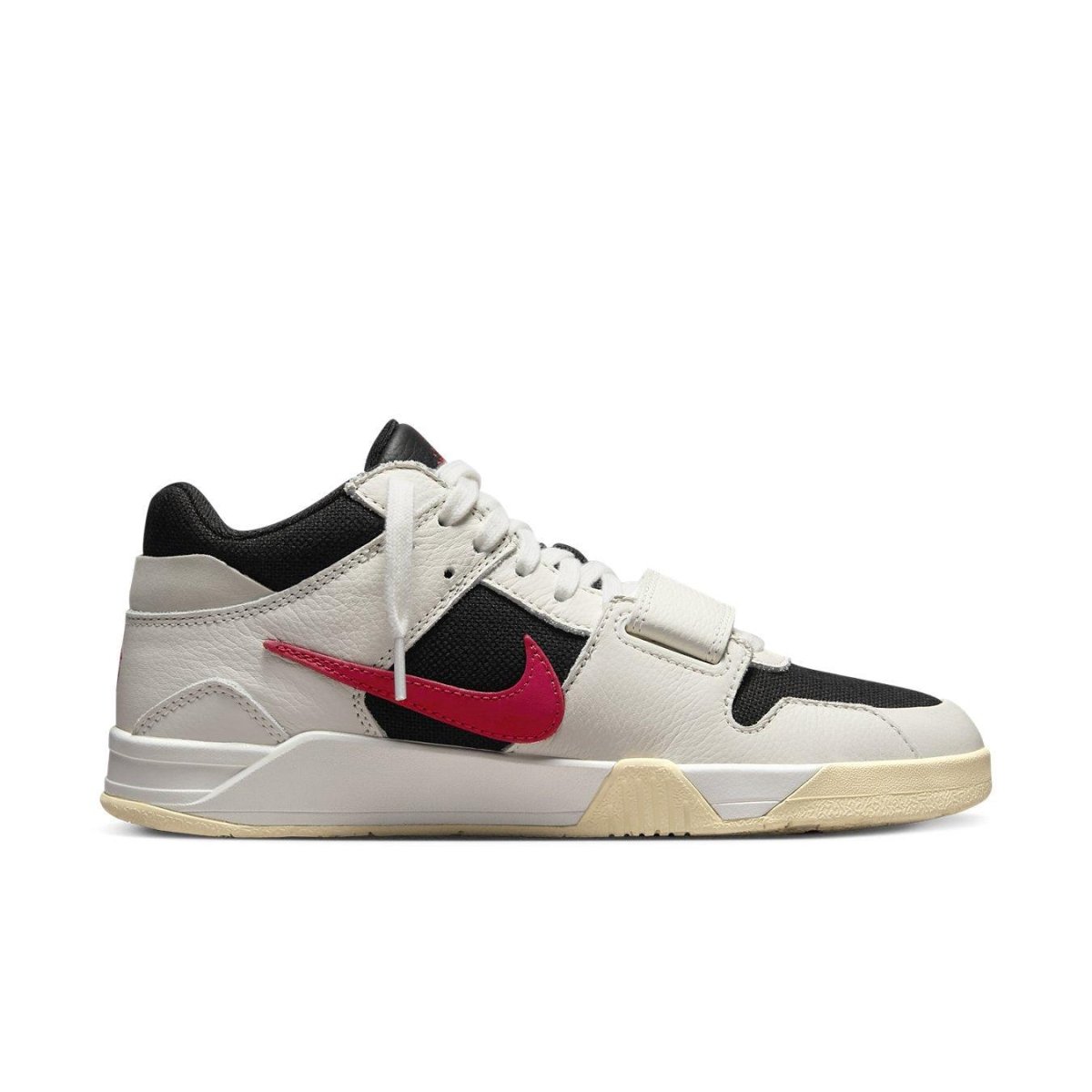 Nike sneakers featuring white leather, black textile, and vibrant red swoosh design for a bold look.