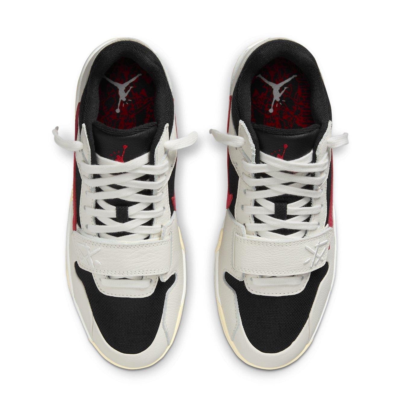 Jordan Jumpman Jack TR Travis Scott 'University Red' top view, featuring black and ivory design with red accents.