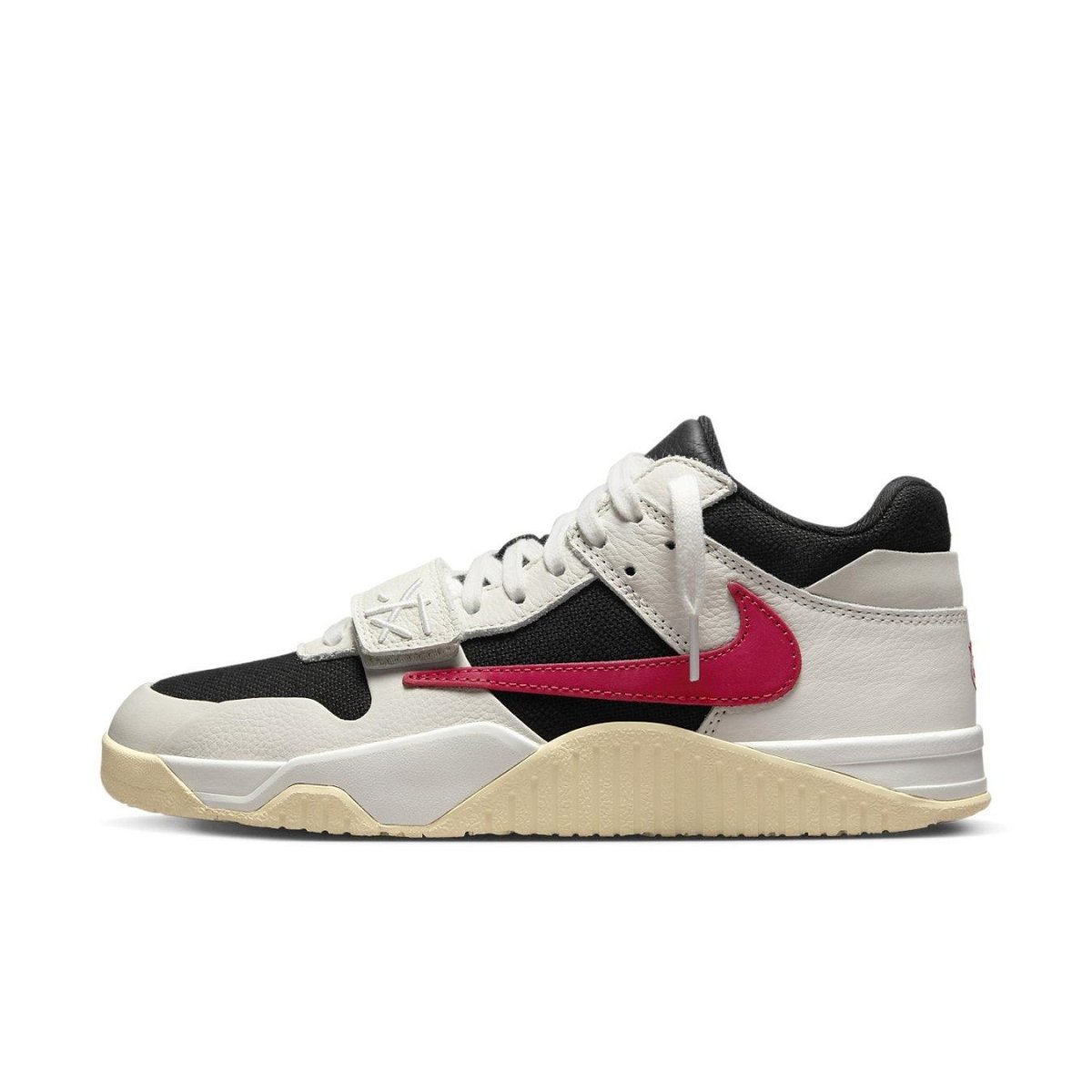 Jordan Jumpman Jack TR 'University Red' sneaker in black, ivory leather, and red accents, showcasing Travis Scott's signature design.