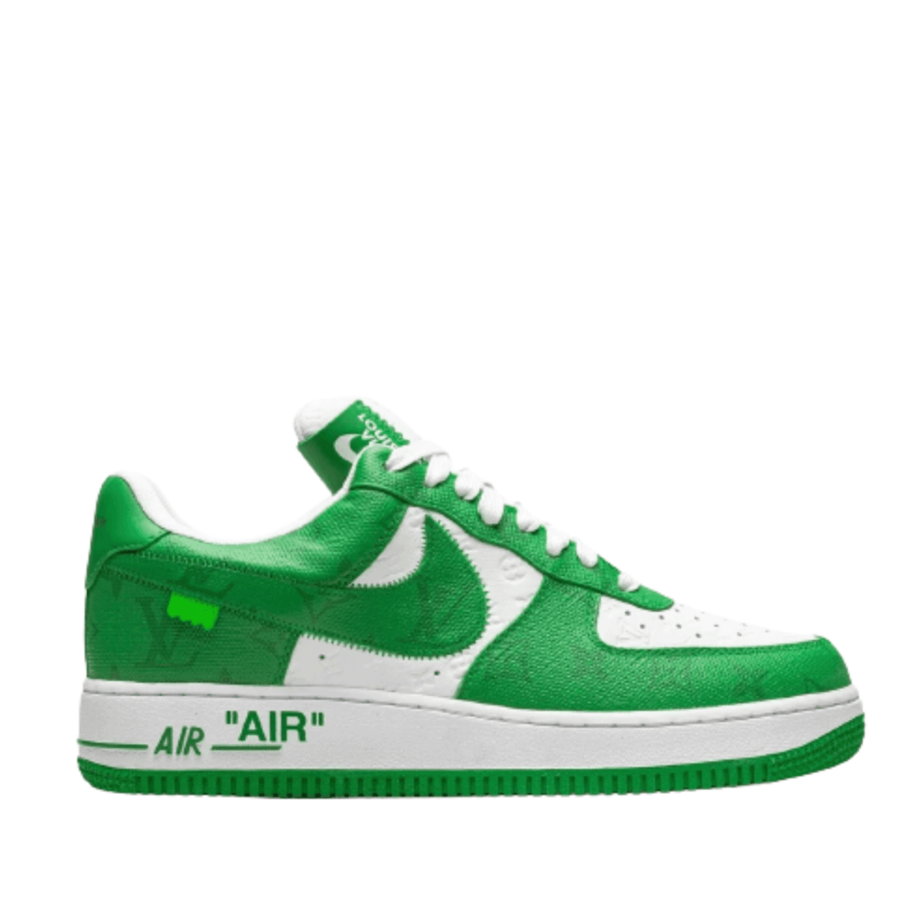 Louis Vuitton x Nike Air Force 1 Low by Virgil Abloh in white and green colorway, showcasing iconic sneaker design.