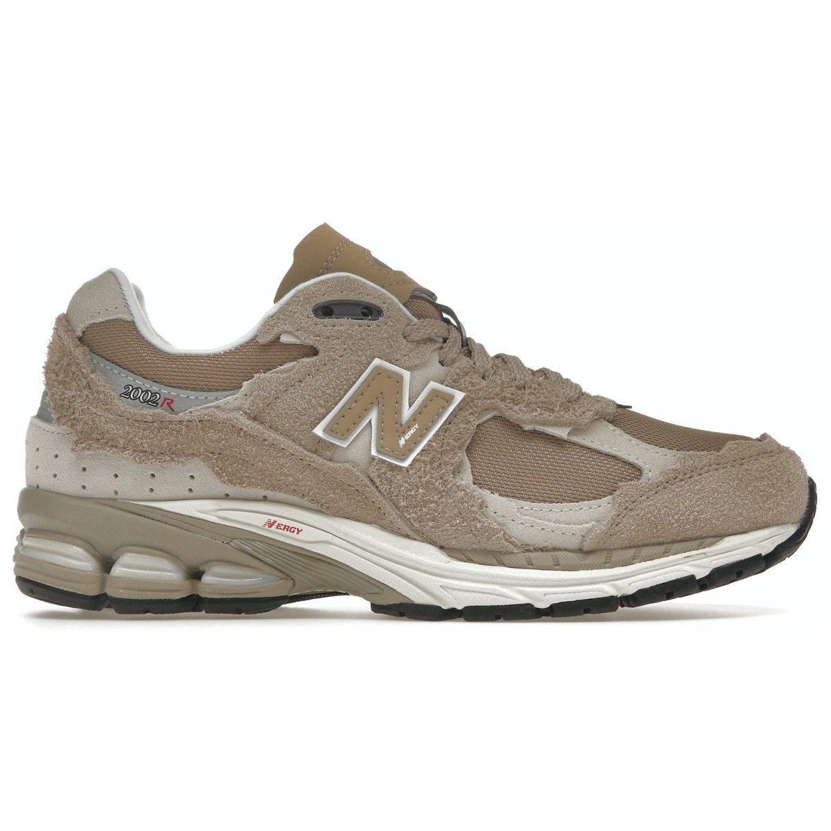 New Balance 2002R Protection Pack Driftwood sneaker in beige and brown, featuring unique textures and cushioning.