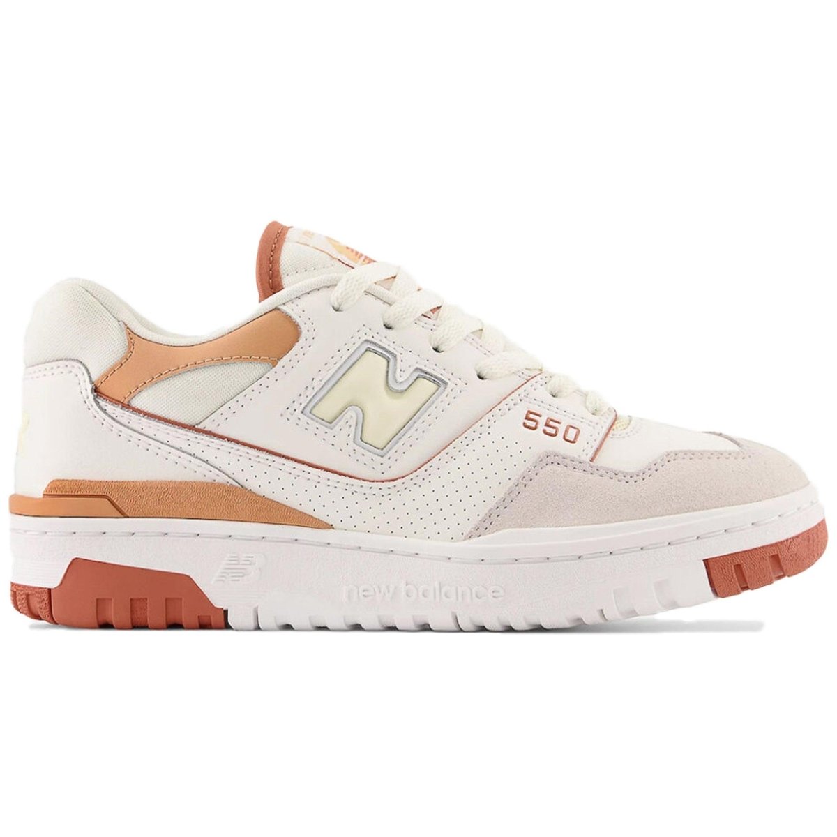 New Balance 550 Au Lait sneakers in white and brown, modernized basketball design for everyday wear.