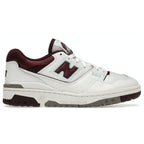 New Balance 550 sneakers in Burgundy and Cyan with white leather and mesh design, vintage basketball style.