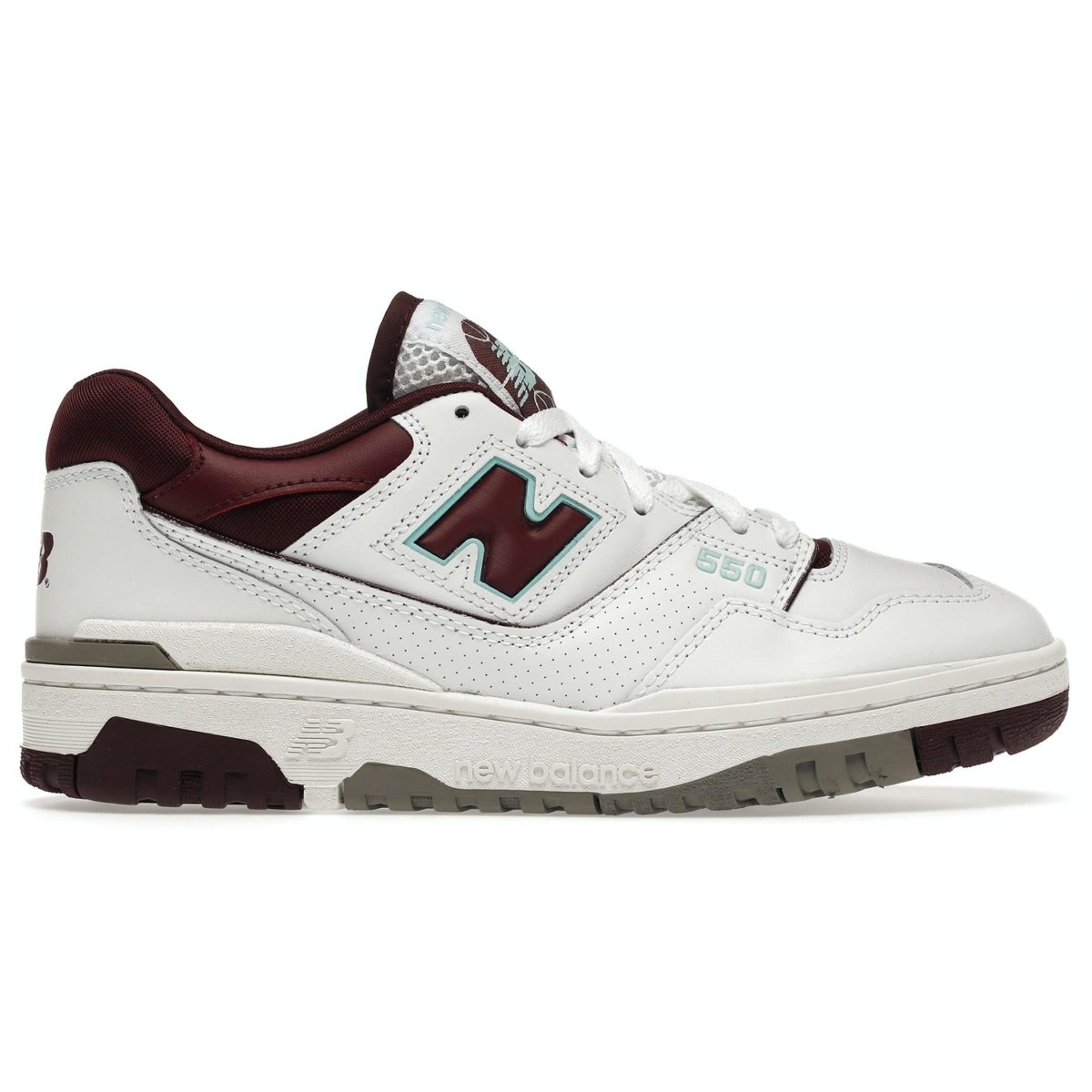 New Balance 550 sneakers in Burgundy and Cyan with white leather and mesh design, vintage basketball style.