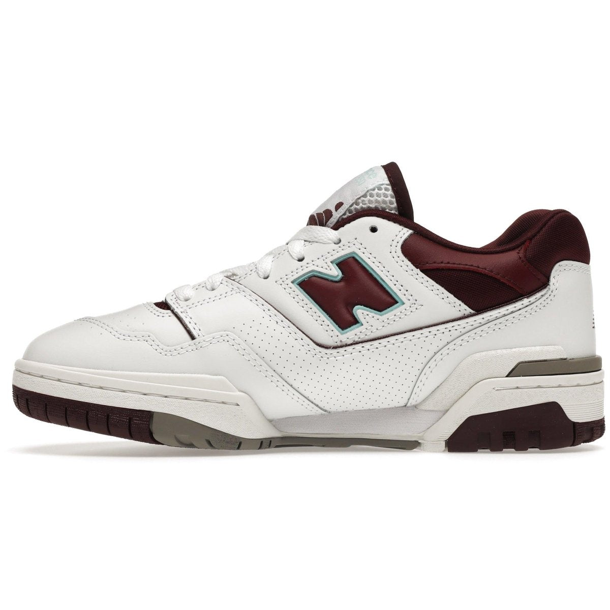 New Balance 550 Burgundy Cyan sneakers, vintage basketball shoes with white leather and burgundy details.