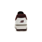 New Balance 550 Burgundy Cyan sneaker rear view showcasing burgundy and white color scheme.