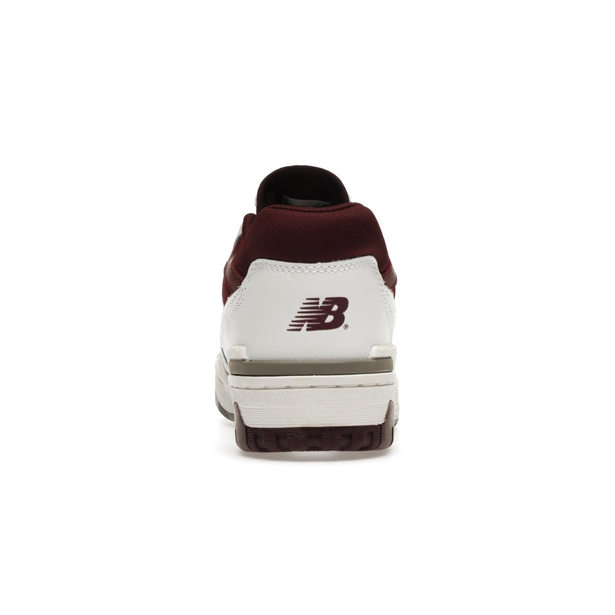 New Balance 550 Burgundy Cyan sneaker rear view showcasing burgundy and white color scheme.