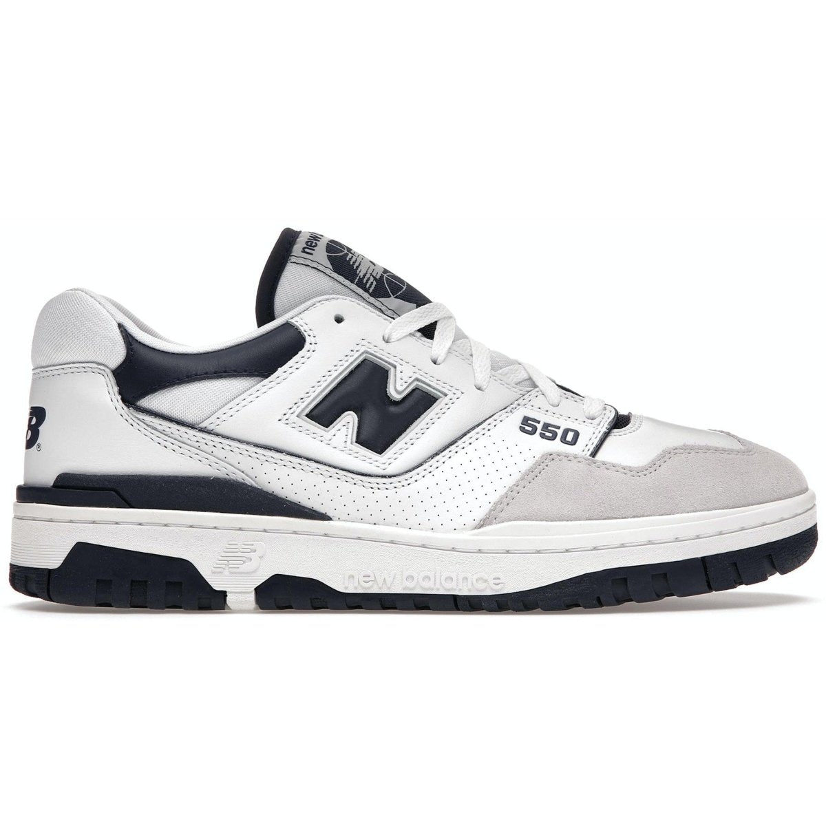 New Balance 550 Navy Blue sneaker featuring white leather upper and navy accents, perfect for casual wear and basketball.