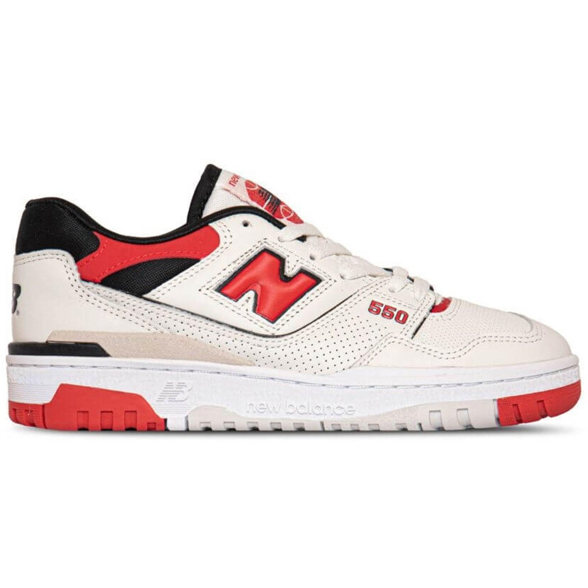 New Balance 550 Sea Salt True Red sneaker featuring leather upper and tricolor rubber sole.