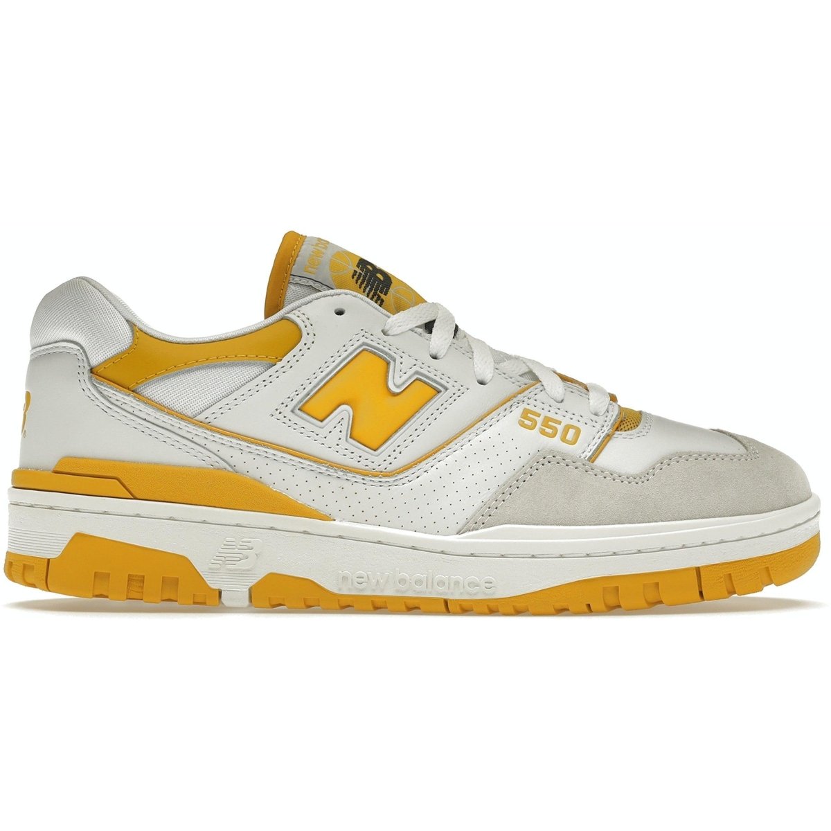 New Balance 550 Sea Salt Varsity Gold sneakers in white leather with yellow accents and grey suede details.