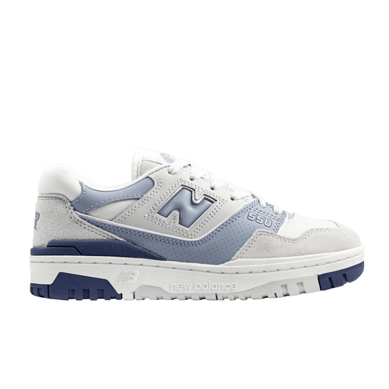 New Balance 550 Summer Fog Dusk Blue sneaker featuring suede and leather design, breathable perforations, and platform silhouette.