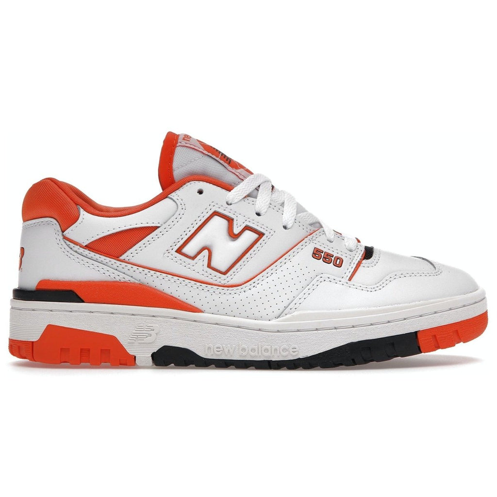 New Balance 550 Syracuse sneakers in white and orange, featuring retro basketball style and 90s design elements.