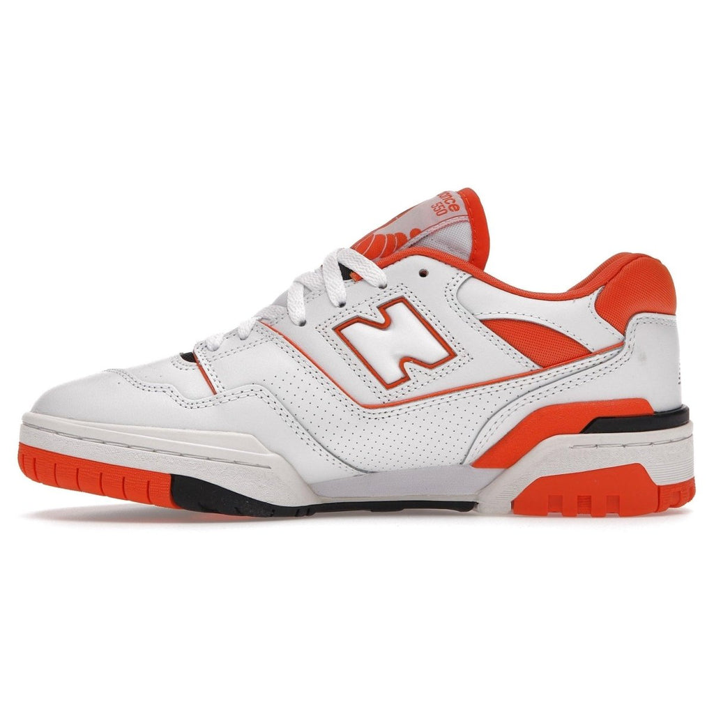 New Balance 550 Syracuse sneakers featuring white leather and orange accents, inspired by 90s basketball style.