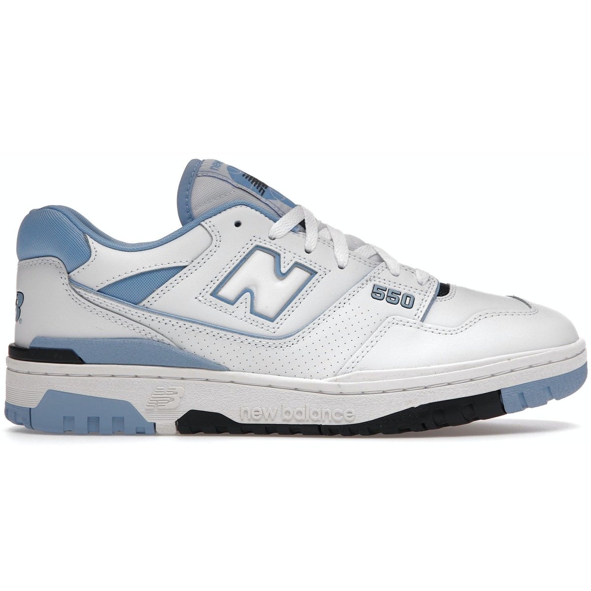 New Balance 550 UNC sneakers in white and university blue, featuring perforated leather for breathability.