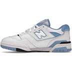 New Balance 550 UNC sneakers in white and light blue, featuring perforated leather and logo details.