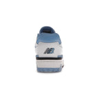 Back view of New Balance 550 UNC sneakers in white and university blue, featuring leather upper and iconic logo.