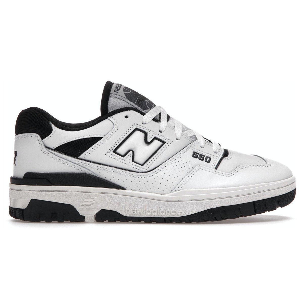 Side view of New Balance 550 sneakers in white and black, featuring smooth leather upper and iconic branding.